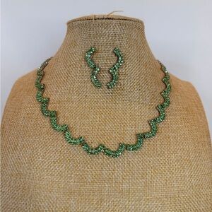 Green Rhinestone Scalloped Necklace and Earring Set
